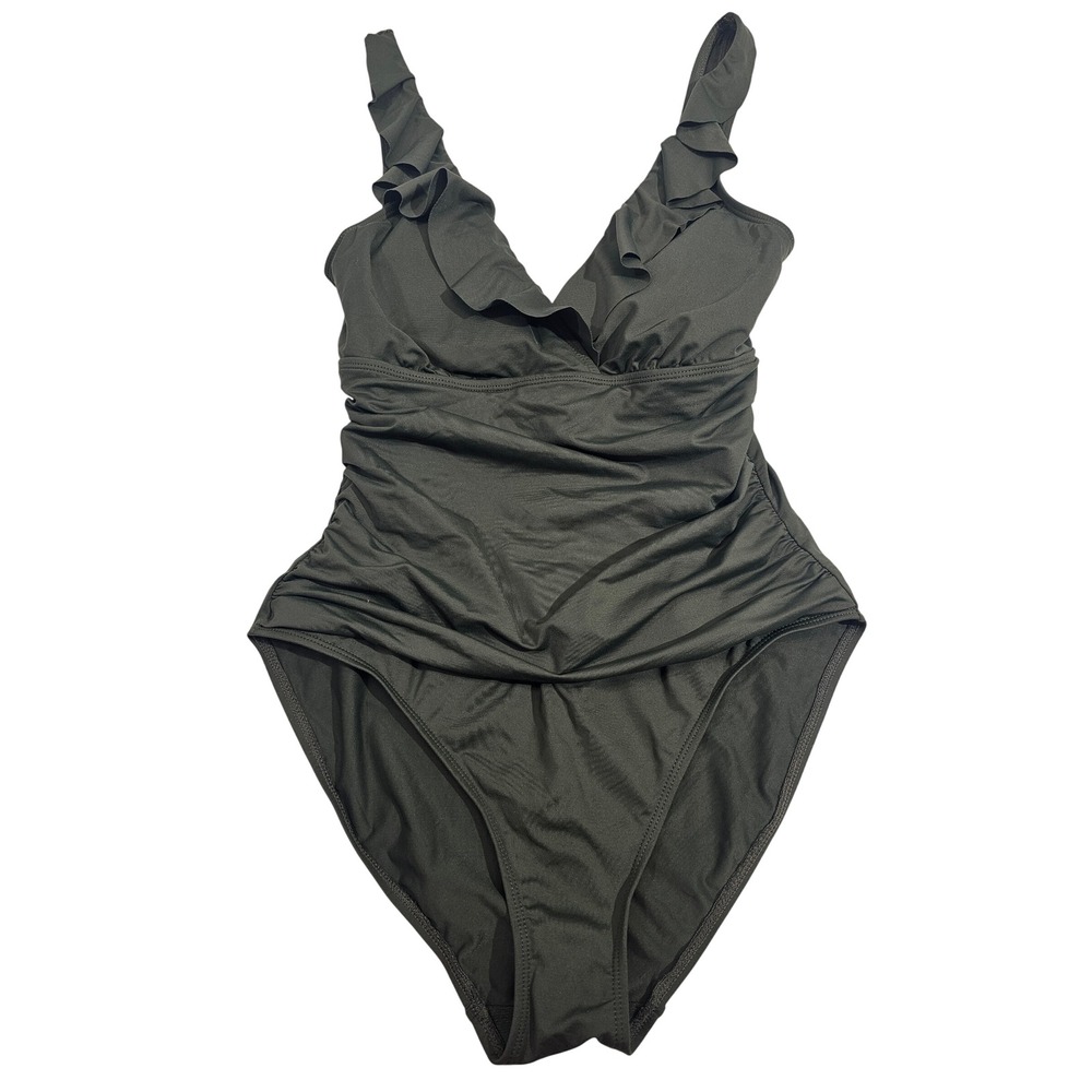 Lauren Ralph Lauren Swimsuit Womens 8 Olive Green Ruched Ruffle One Piece V-Neck